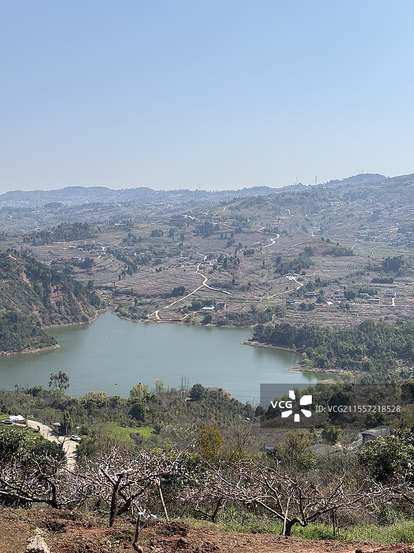 成都龙泉山金狮湖春天桃花俯瞰图片素材