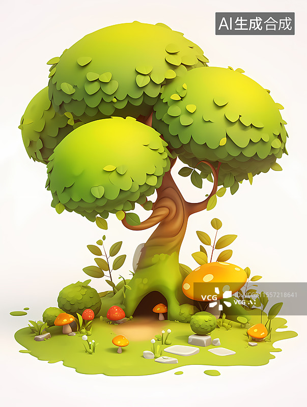 【AI数字艺术】童话风奇幻树屋下的蘑菇世界图片素材