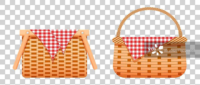 空的柳条野餐篮，配有格子棉布图片素材