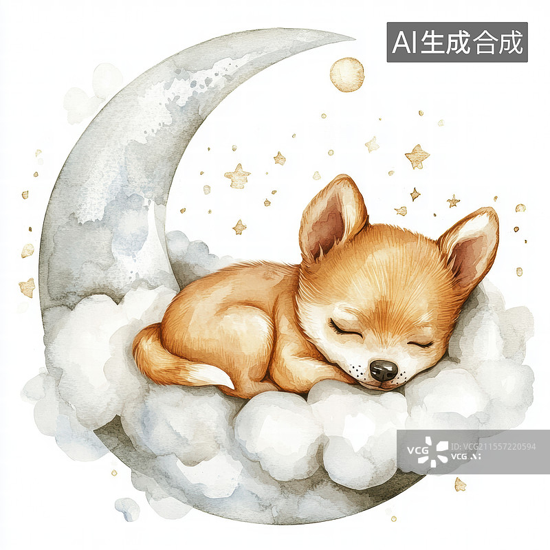 【AI数字艺术】一只可爱的卡通小狗在云朵上安静地睡觉。画面中，小狗闭着眼睛，显得非常安详和放松。图片素材
