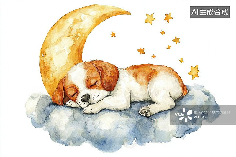 【AI数字艺术】一只可爱的卡通小狗在云朵上安静地睡觉。画面中，小狗闭着眼睛，显得非常安详和放松。图片素材