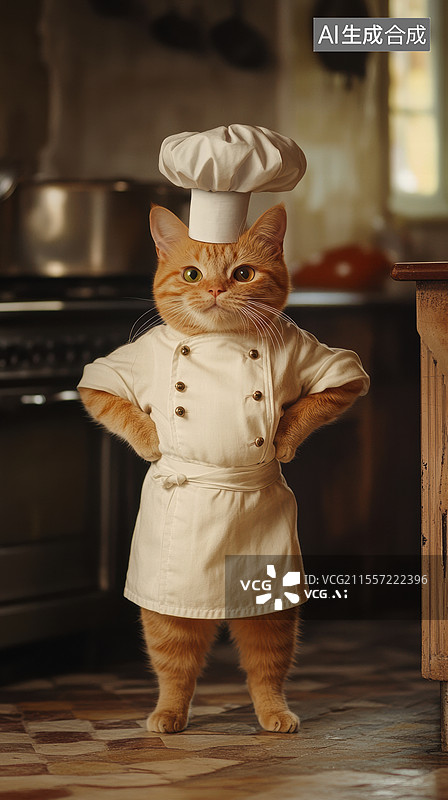【AI数字艺术】一只可爱的卡通猫咪，它穿着厨师的白色围裙和帽子，站在一个充满阳光的厨房里。图片素材