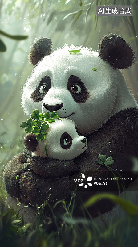 【AI数字艺术】一幅温馨的卡通插画，画面中有两只可爱的熊猫。大熊猫和小熊猫头上都戴着三叶草，图片素材