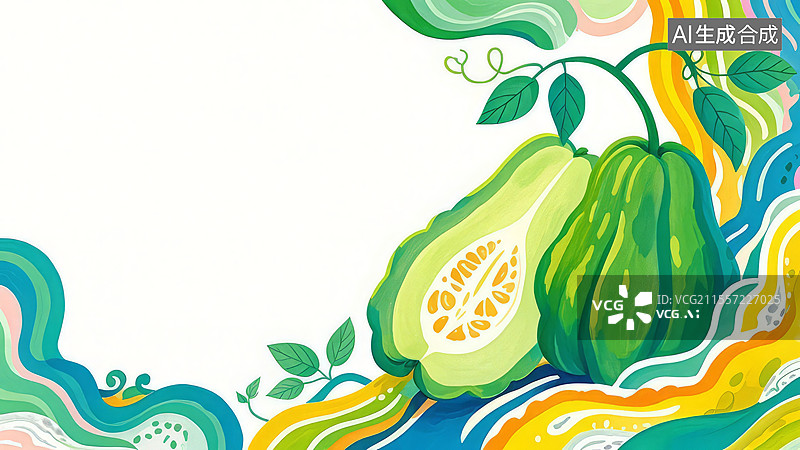 【AI数字艺术】2D卡通居右-佛手瓜高清水果壁纸-水果手绘插画图片素材