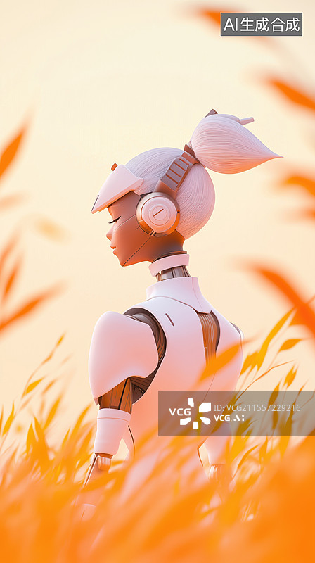 【AI数字艺术】科幻未来暖色调草原上女性机器人3D卡通立体插画图片素材