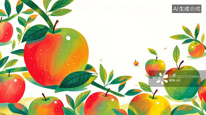【AI数字艺术】2D卡通居左 -苹果 高清水果壁纸-水果手绘插画图片素材