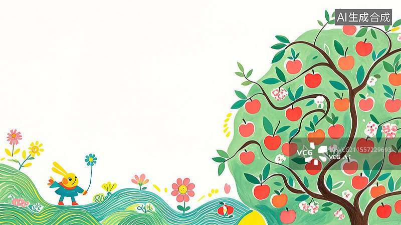 【AI数字艺术】2D卡通居右 -苹果 高清水果壁纸-水果手绘插画图片素材