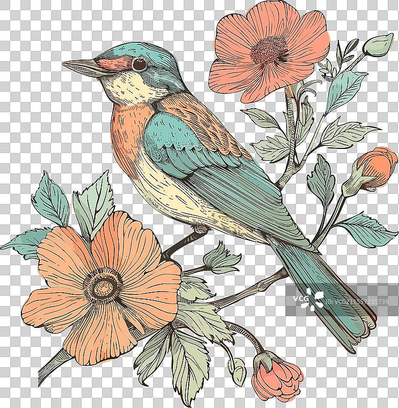 燕子和谐地栖息在花丛中图片素材