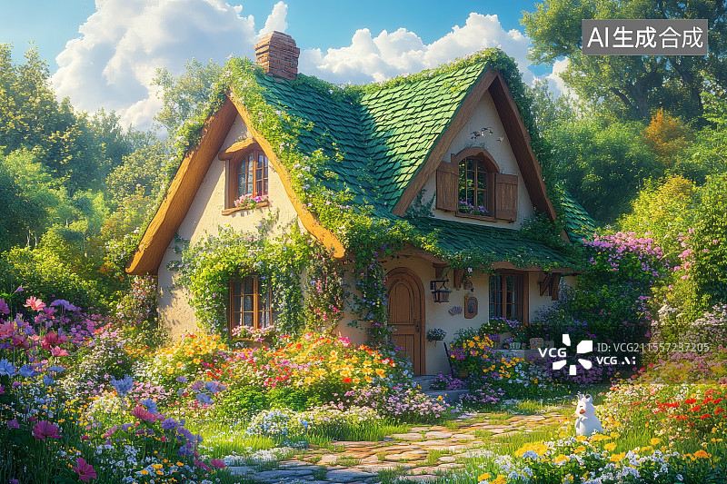 【AI数字艺术】卡通风格，房屋四周生长的鲜花与屋顶的爬墙虎图片素材