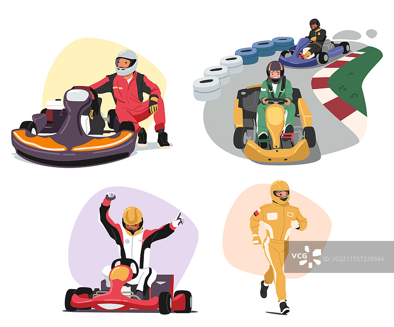 孤立的卡通场景，卡丁车赛车手们正在比赛图片素材