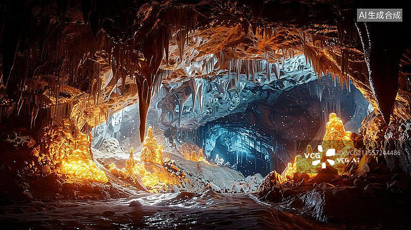 【AI数字艺术】奇幻溶洞的探险之旅  阳光下冰洞溶洞景观图片素材