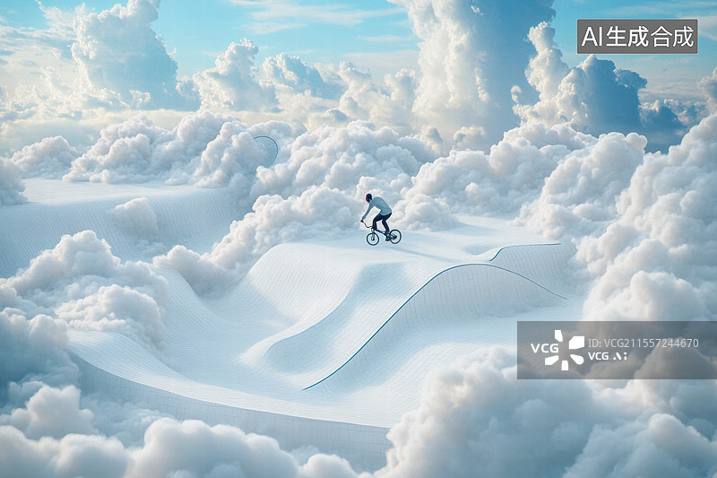 【AI数字艺术】一个充满幻想和创意的场景，一个滑板手在云端中的粉色滑板坡道上进行极限运动。图片素材