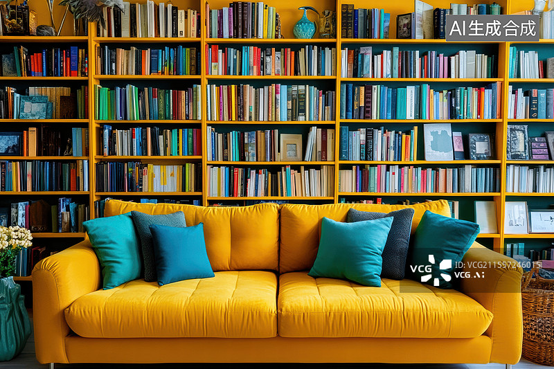 【AI数字艺术】一个温馨的阅读角落，画面中有一个黄色的沙发，沙发上摆放着蓝色和灰色的靠垫。图片素材
