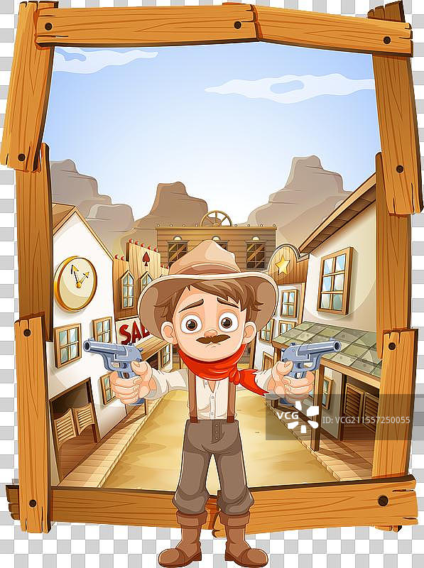 卡通牛仔在热闹的西部小镇场景中图片素材