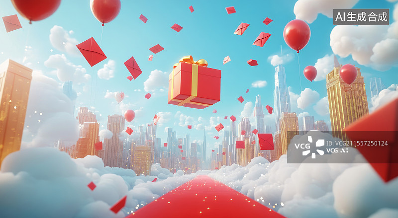 【AI数字艺术】购物街中悬浮的红色礼品盒图片素材
