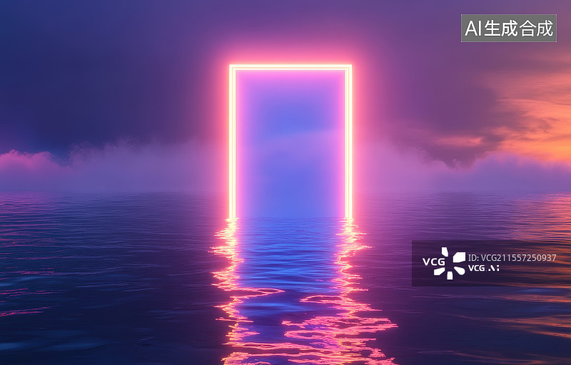 【AI数字艺术】方形门洞光效空间科技人工智能水边倒影概念背景图片素材
