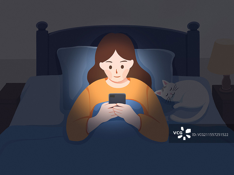 夜晚室内女孩独自一人躺在床上玩手机插画图片素材