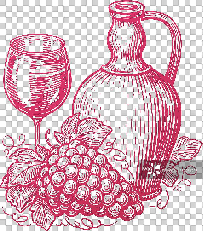 酒壶、酒杯和一串葡萄图片素材