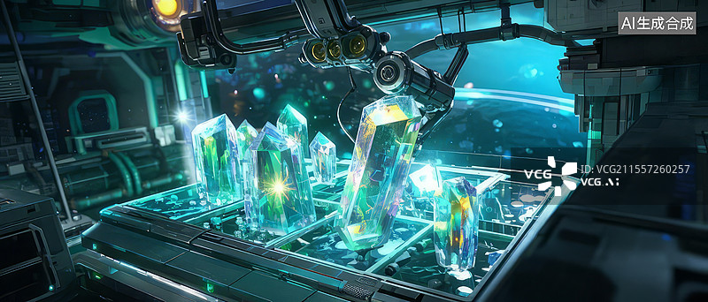 【AI数字艺术】微重力水晶农场 - 太空站培育纳米级完美晶体，铱金单晶零重力生长图片素材