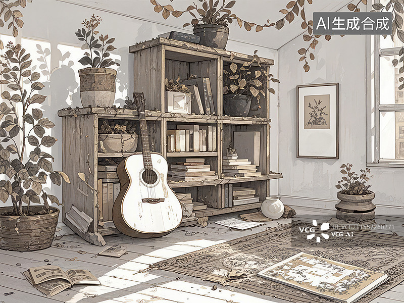 【AI数字艺术】褪色的爱好角：枯萎盆栽与断弦吉他，中年危机下的兴趣消亡与价值重构图片素材