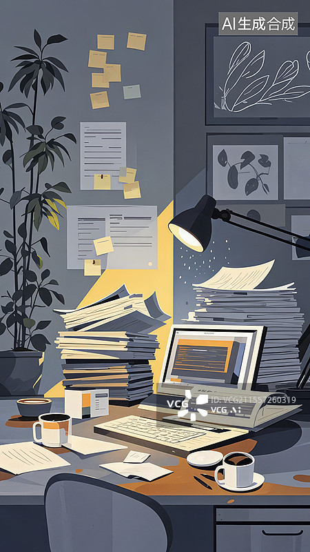 【AI数字艺术】停滞的办公桌：倾斜文件堆与咖啡渍痕，数字化时代的脑力透支与效率危机图片素材