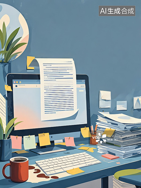 【AI数字艺术】停滞的办公桌：倾斜文件堆与咖啡渍痕，数字化时代的脑力透支与效率危机图片素材