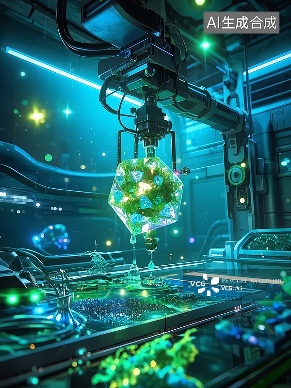 【AI数字艺术】微重力水晶农场 - 太空站培育纳米级完美晶体，铱金单晶零重力生长图片素材