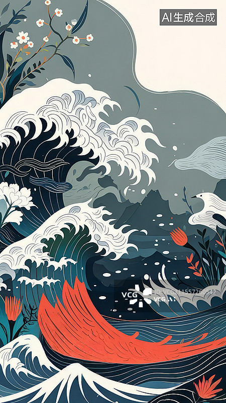 【AI数字艺术】精卫填海石羽沉渊手绘插画：海浪山脉与地火光芒的神话场景图片素材