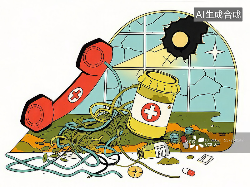 【AI数字艺术】求救信号残影：垂落听筒与模糊药标，系统盲区中的援助失效与危机可视化图片素材