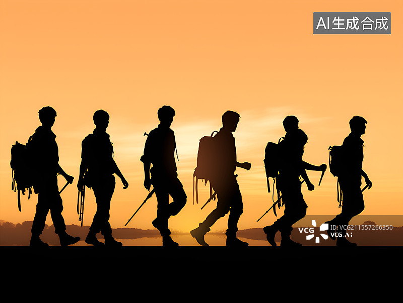 【AI数字艺术】科考队背着背包和设备在野外勘测图片素材