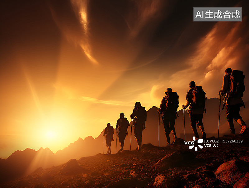 【AI数字艺术】科考队背着背包和设备在野外勘测图片素材