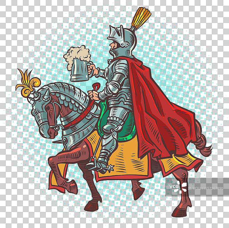 一位穿着盔甲的骑士骑在盔甲马背上，手中拿着一个杯子。图片素材