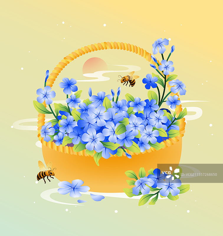 新中式二十四节气立秋花信风之蓝雪花矢量插画图片素材