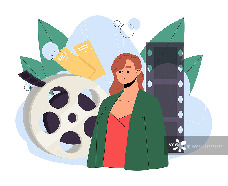 年轻女孩与电影胶卷旁的女演员图片素材