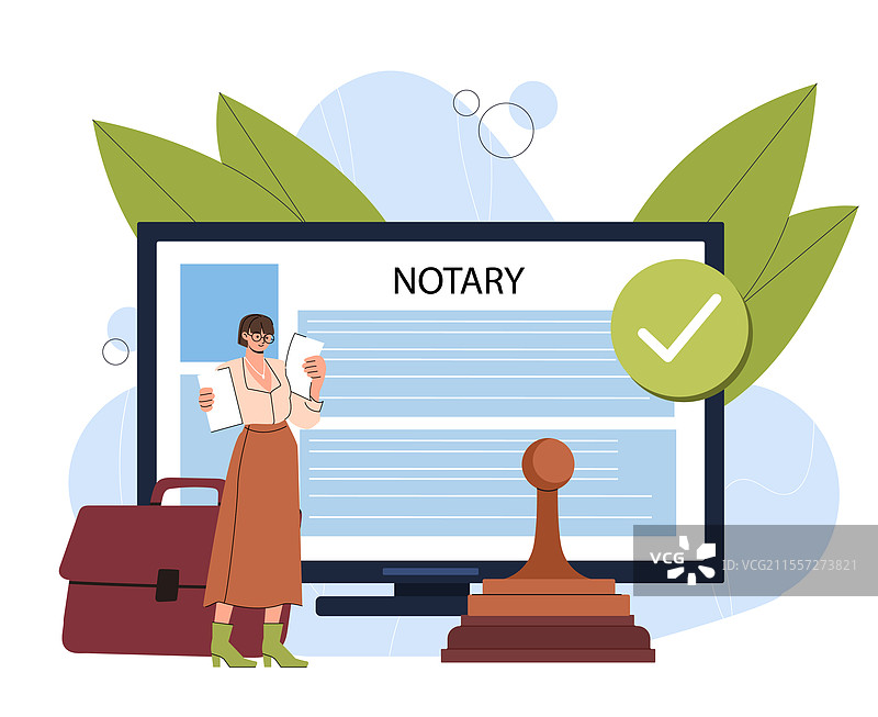 年轻女孩在印章旁的在线公证员图片素材