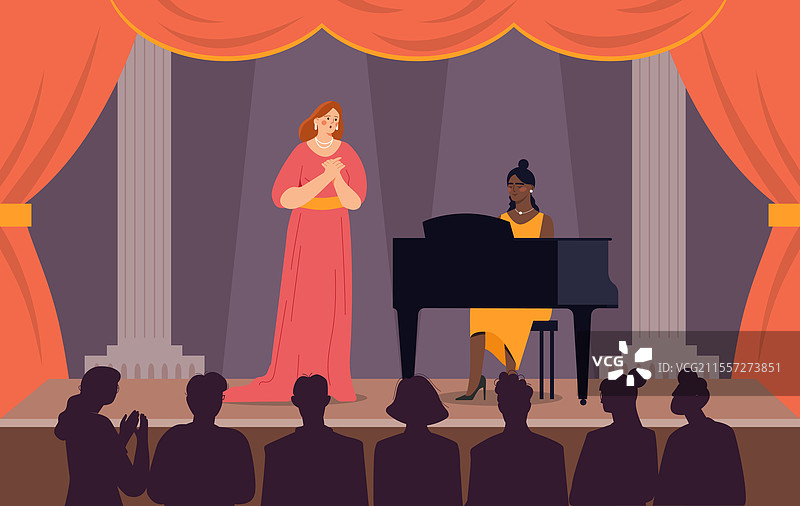 在歌剧中，穿红色裙子的女人在舞台上唱歌图片素材