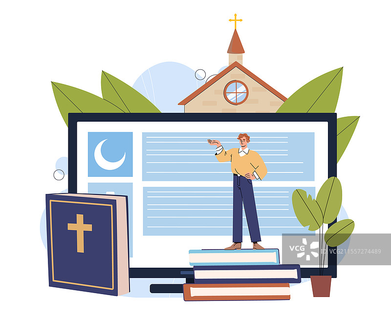 研究宗教的男人与一堆书籍在旁图片素材