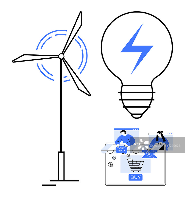 风力发电机灯泡与电力符号图片素材