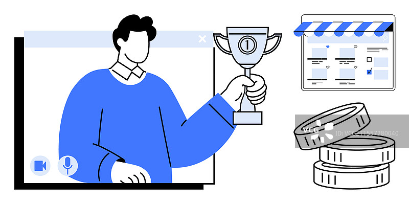 男子在视频通话中举着奖杯图片素材