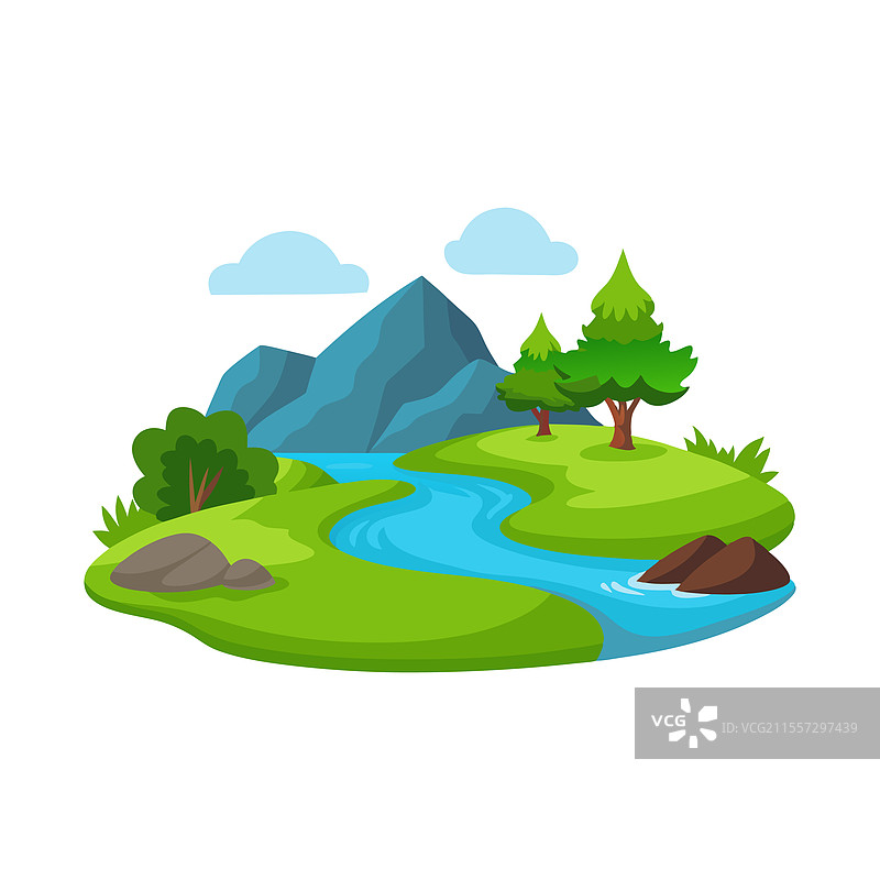 一条河流穿过岩石和郁郁葱葱的绿地图片素材