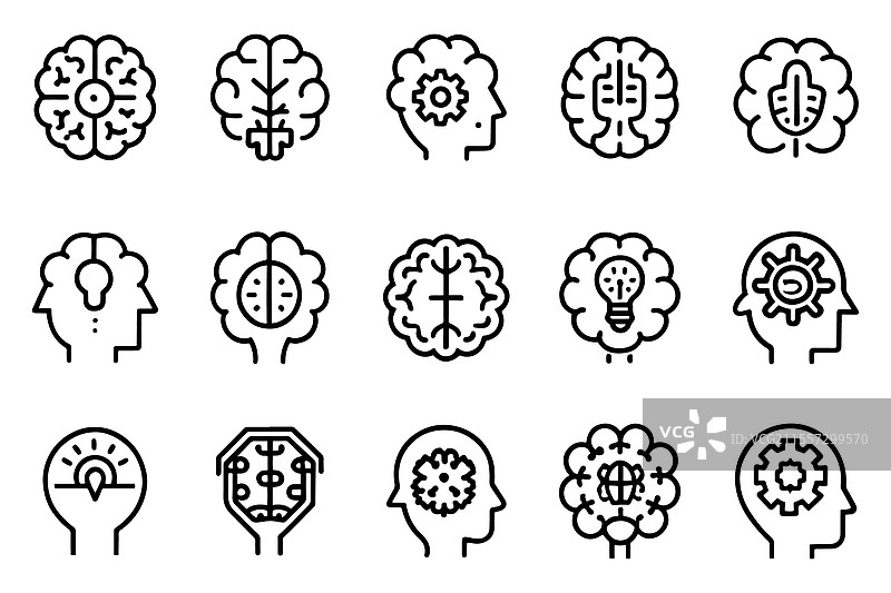 与大脑相关的可编辑轮廓图标集图片素材