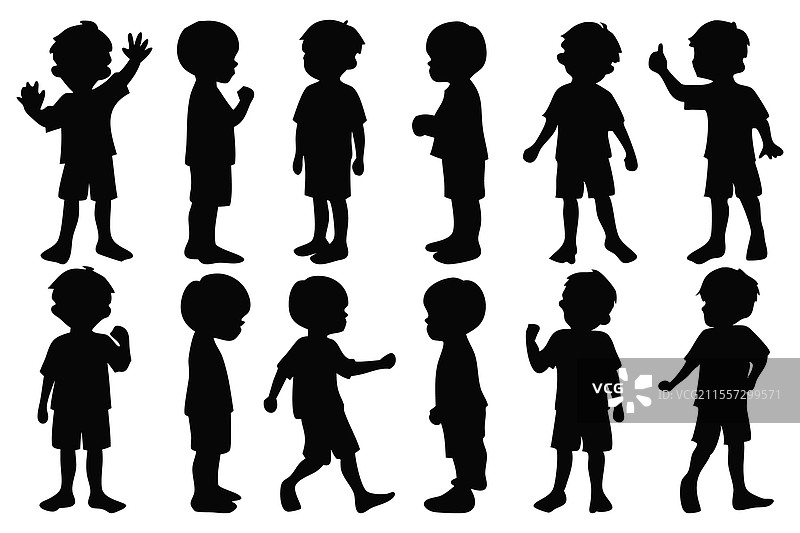 孤立的男孩站立剪影集扁平设计图片素材