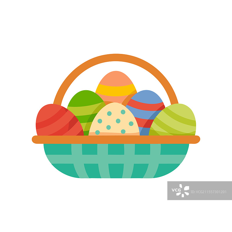 装满各种彩色鸡蛋的篮子，背景纯色。图片素材