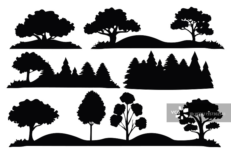 不同树木剪影的风景组合图片素材