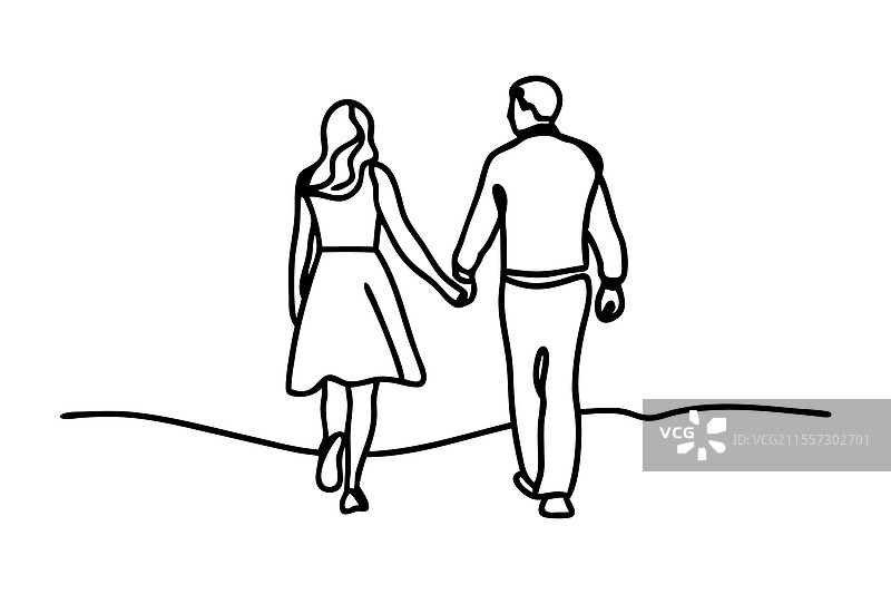 手绘线条艺术的情侣手牵手散步图片素材