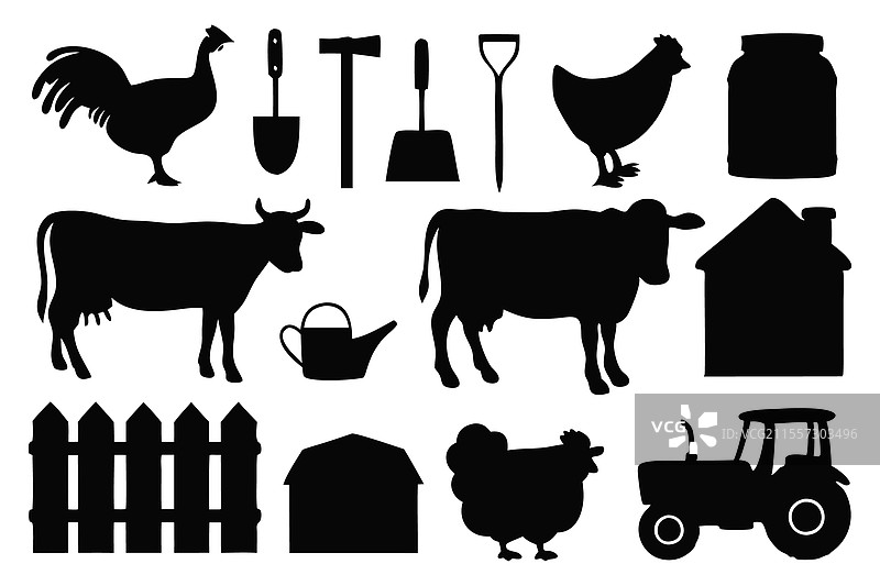 孤立的农场动物剪影集扁平设计图片素材