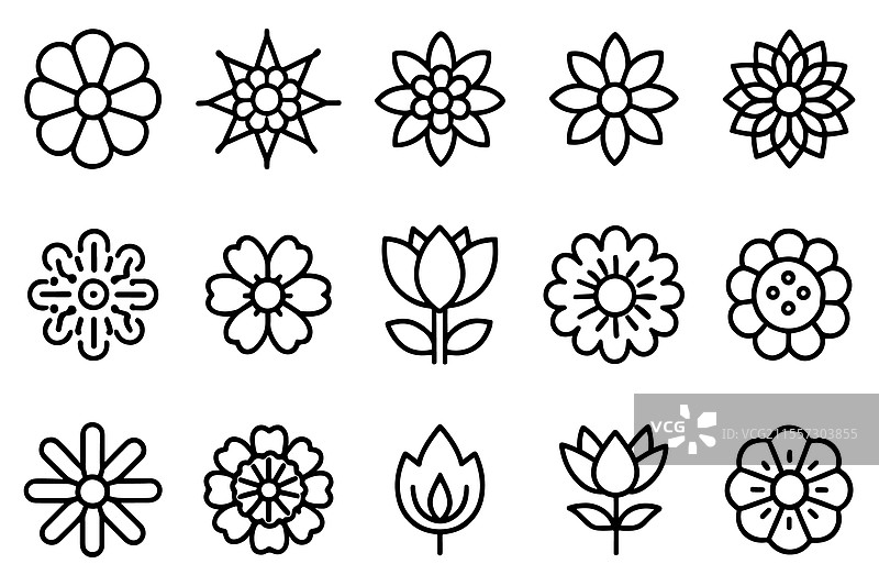 与花卉相关的可编辑线条轮廓图标集图片素材