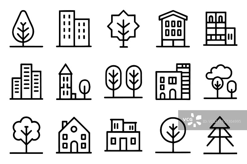 绿色城市树木相关的可编辑轮廓线图片素材