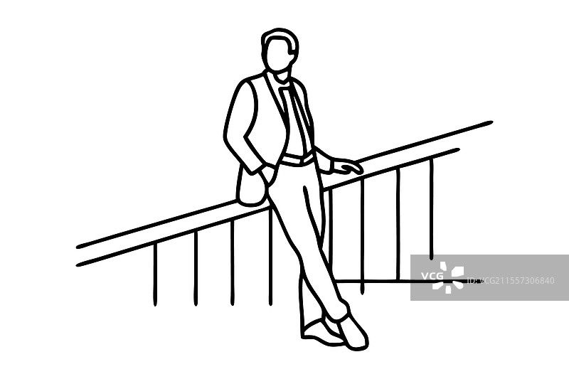 穿着西装的男人悠闲地靠在栏杆上图片素材