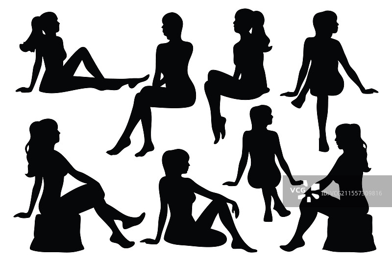 坐着的女性剪影集，独立扁平设计图片素材